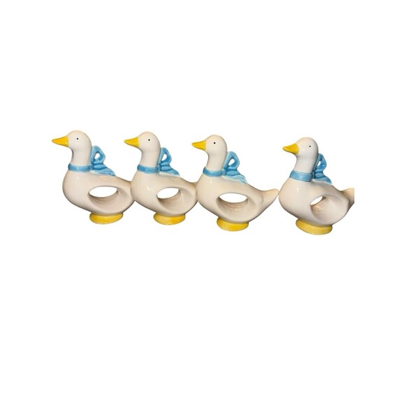 Vintage Blue Ribbon Goose Geese Duck Napkin Rings Holders Set 4 Porcelain - Picture 1 of 7